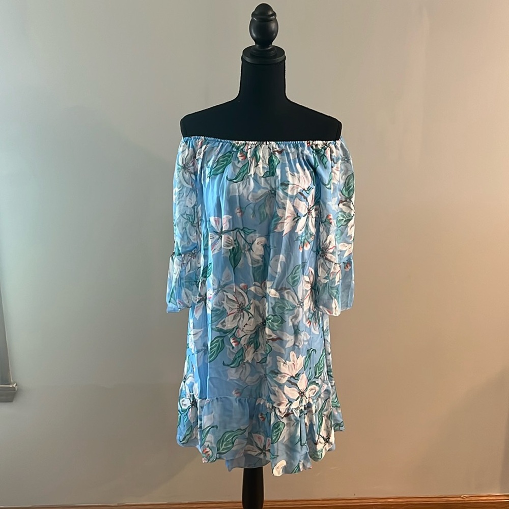 Elena Baldi Made In Italy Blue Floral Silk Blend Off Shoulder Dress, Size Small